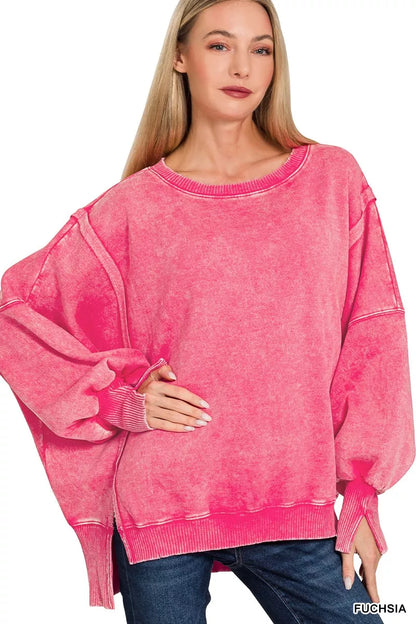 Sarah Express Women's Acid Washed Batwing Sleeve Fleece Sweatshirt FUCHSIA