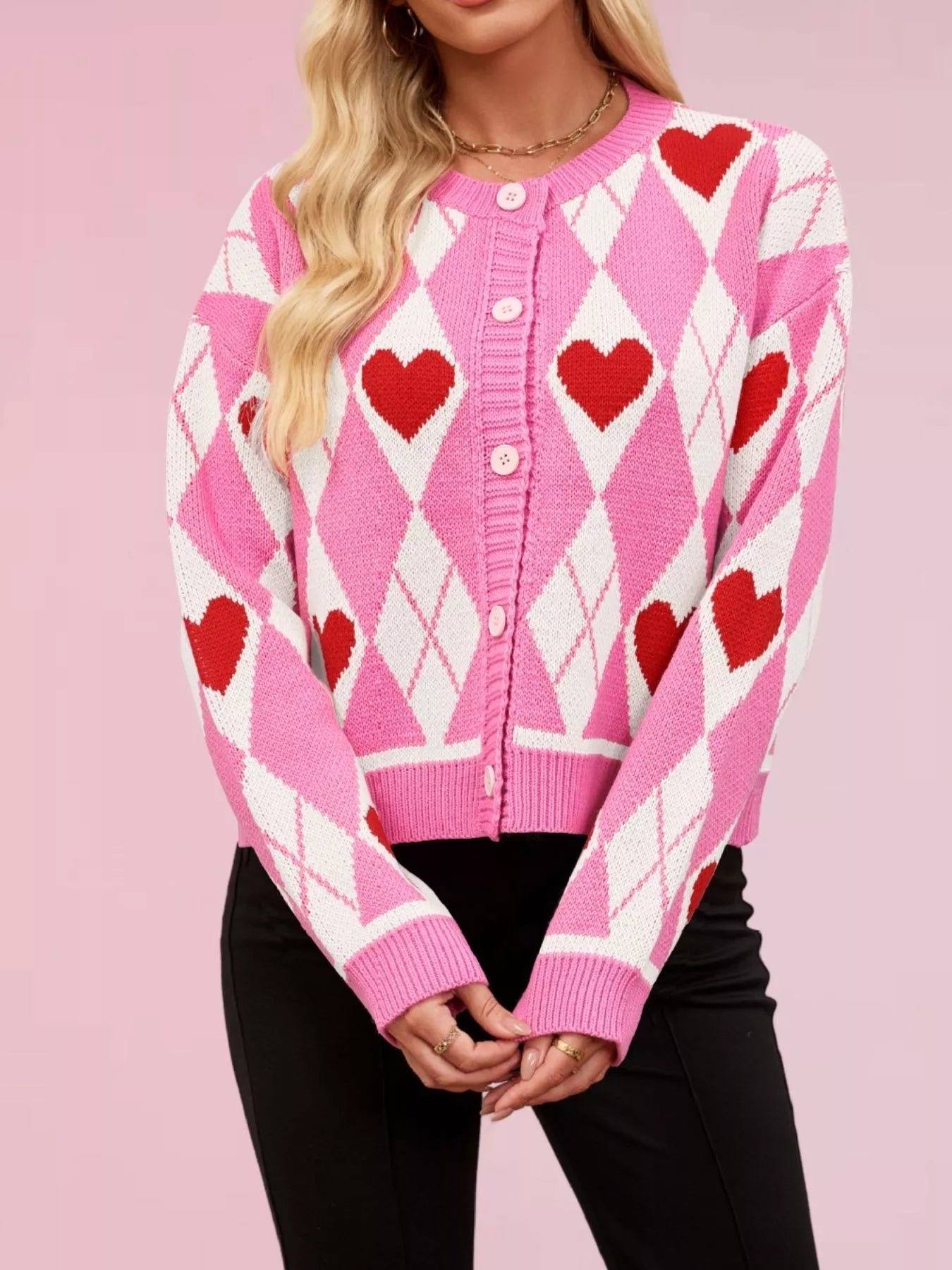 Sarah Express Women's Heart Pattern Button-Up Cardigan