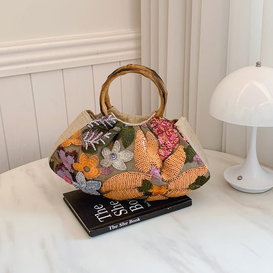 Sarah Express Bamboo Handle Tote Bag for Women - Shell Shape Shoulder Bag with Polyester Lining