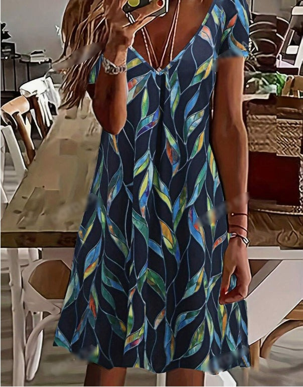 Sarah Express Leaf Print V-Neck A-Line Knee Length Dress