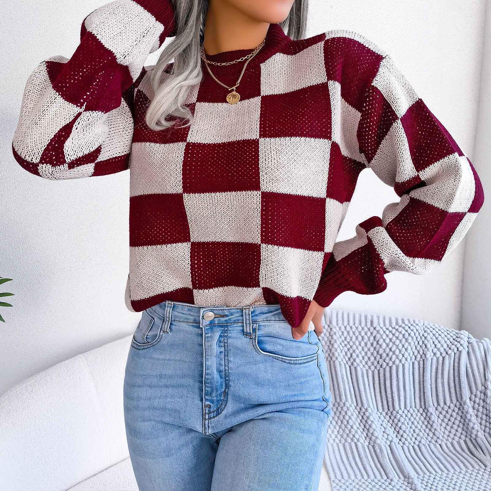 Sarah Express Women's Color Block Plaid Knit Sweater - Oversized Pullover with Lantern Sleeves