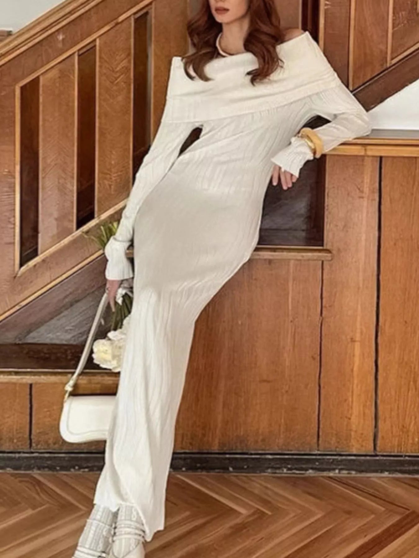 Sarah Express Women's Off-Shoulder Textured Knit Maxi Dress