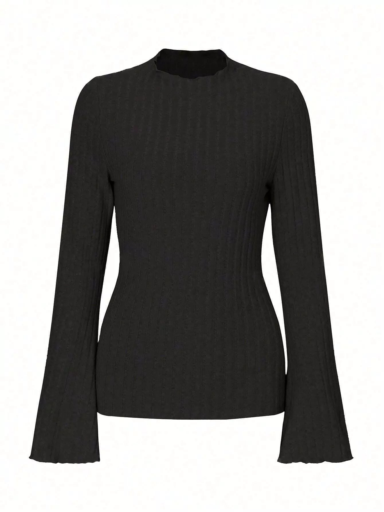 Sarah Express Women's Ribbed Knit Long Sleeve T-Shirt Black