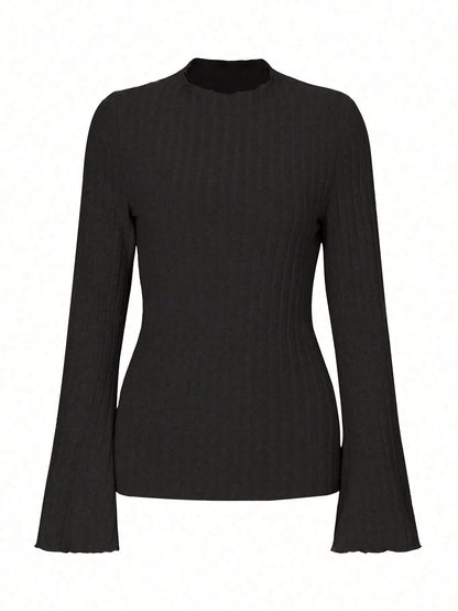 Sarah Express Women's Ribbed Knit Long Sleeve T-Shirt Black