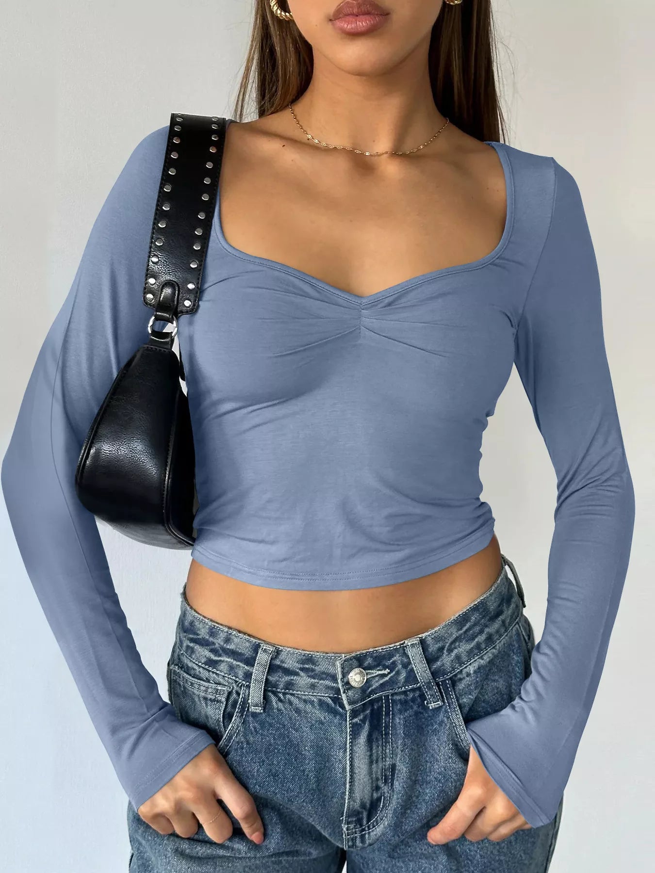 Sarah Express Women's Long Sleeve Sweetheart Neck Crop T-Shirt Dusty Blue