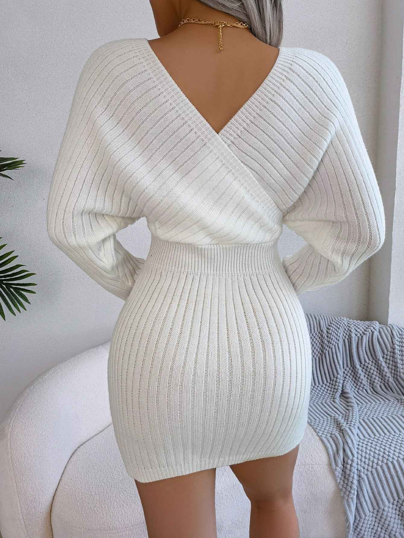 Sarah Express Women's Cross V-Neck Batwing Sleeve Bodycon Sweater Dress - High Waist Knit Dress
