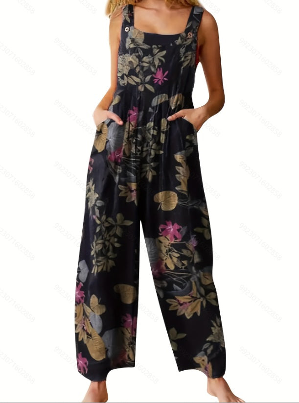 Sarah Express Women's Ethnic Print Jumpsuit Suspender Sleeveless Button Front