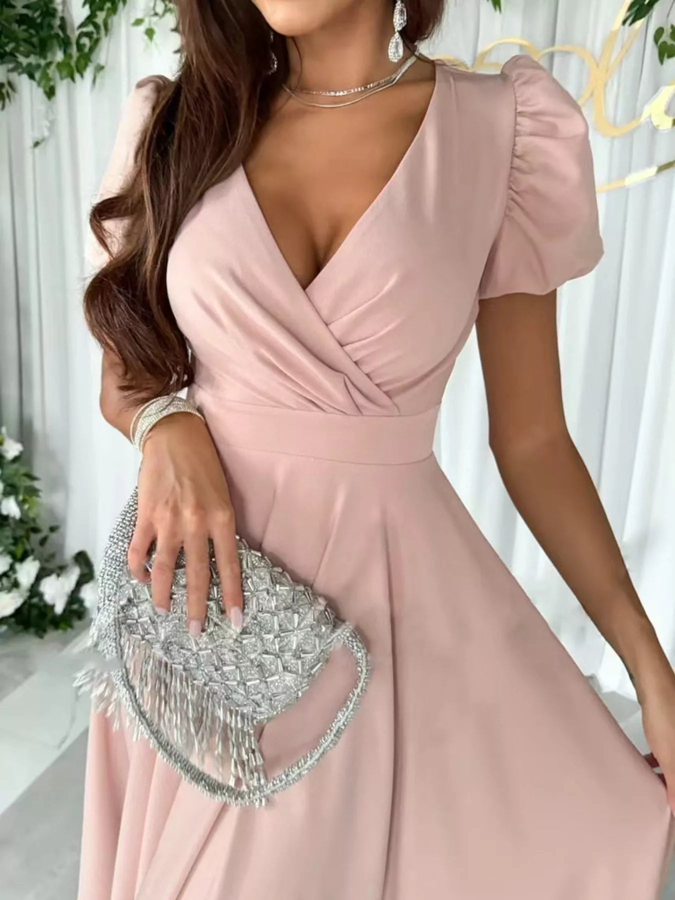 Sarah Express Women's Surplice Short Sleeve Midi Dress