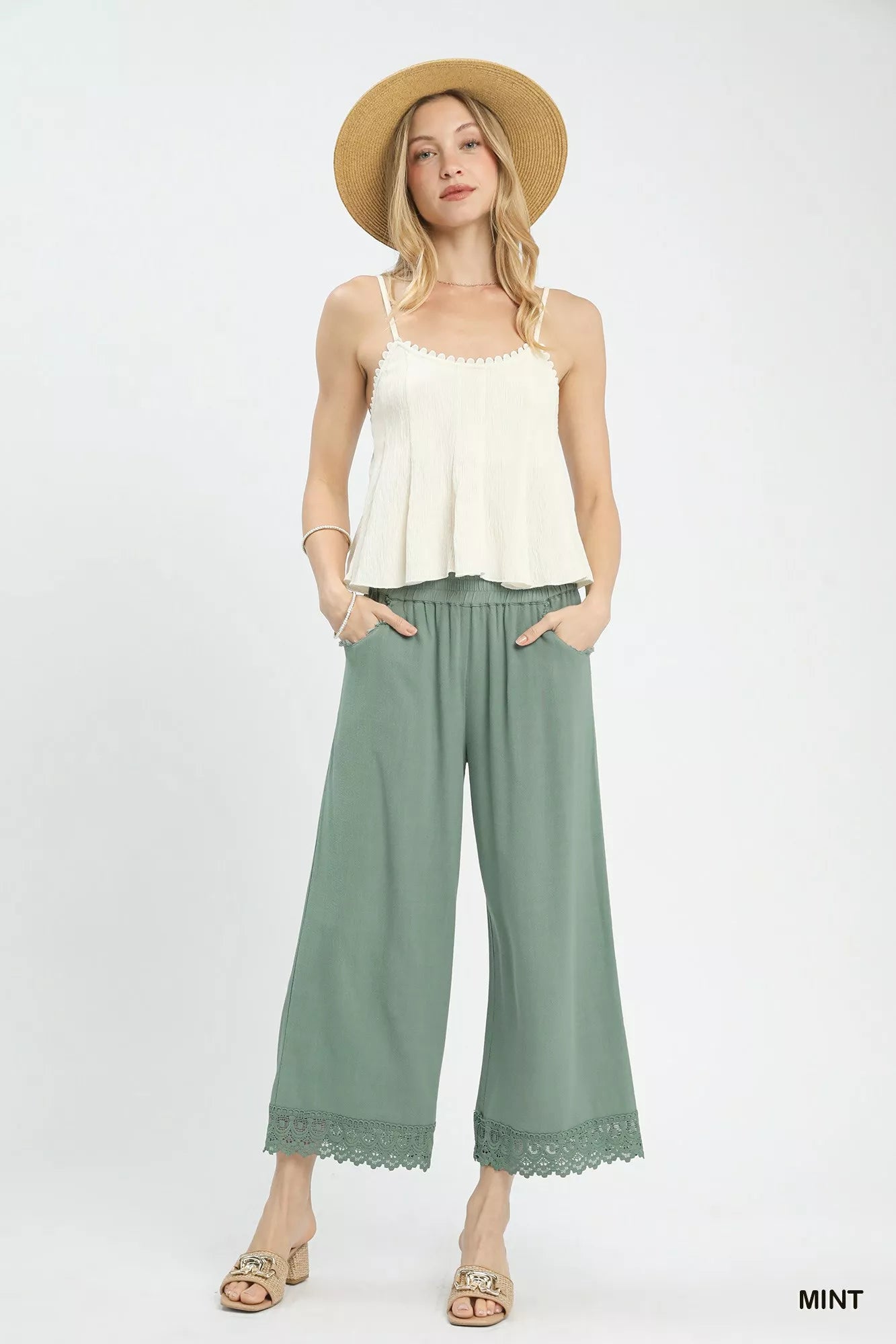 Sarah Express Women's Linen Wide Leg Cropped Pants with Lace Trim - Breathable Summer Palazzo Pants