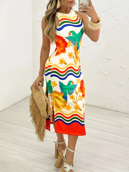 Sarah Express Women's Plus Size Tropical Parrot Print Sleeveless Midi Dress