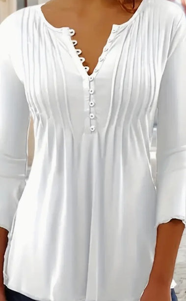 Sarah Express Button Front Ruched Blouse Women's Crew Neck Casual Top