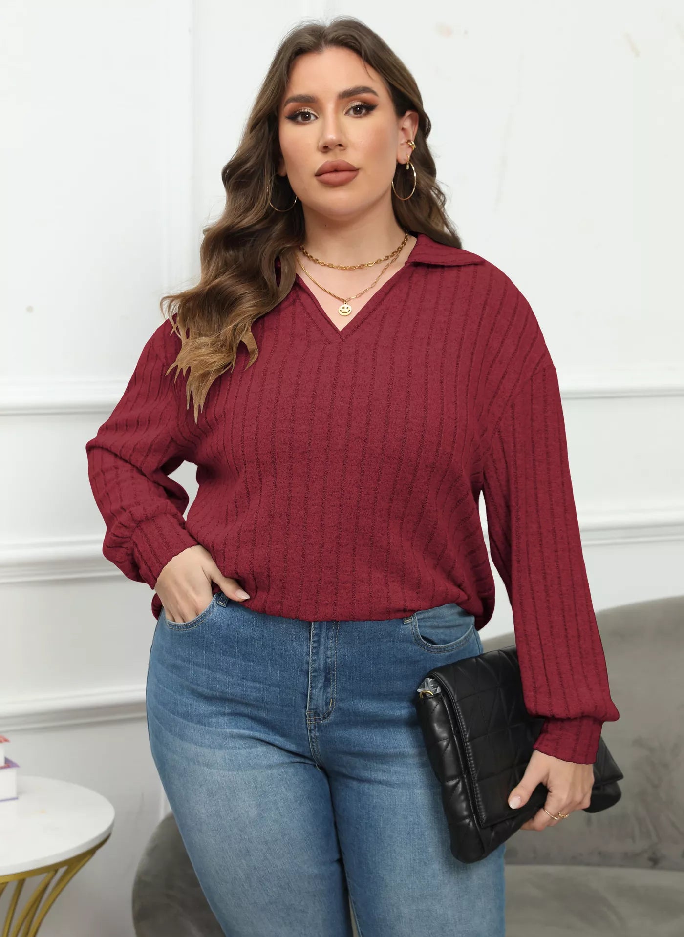 Sarah Express Women's Plus Size Ribbed Knit Polo Collar T-Shirt Burgundy