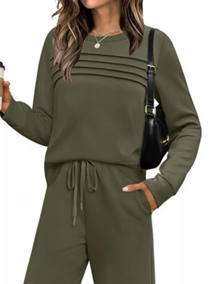 Sarah Express Women's Plus Size Round Neck Long Sleeve Top and Pants Lounge Set - Two Piece