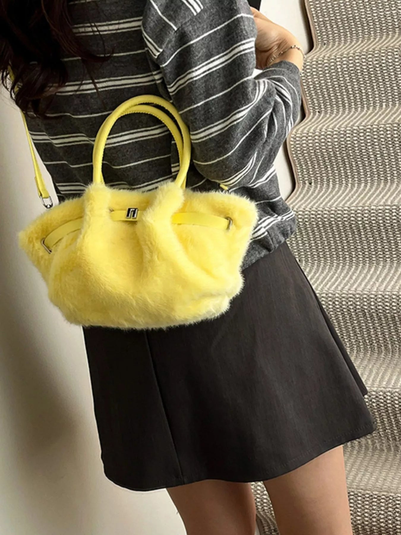 Sarah Express Women's Fluffy Crossbody Bag with Buckle Detail