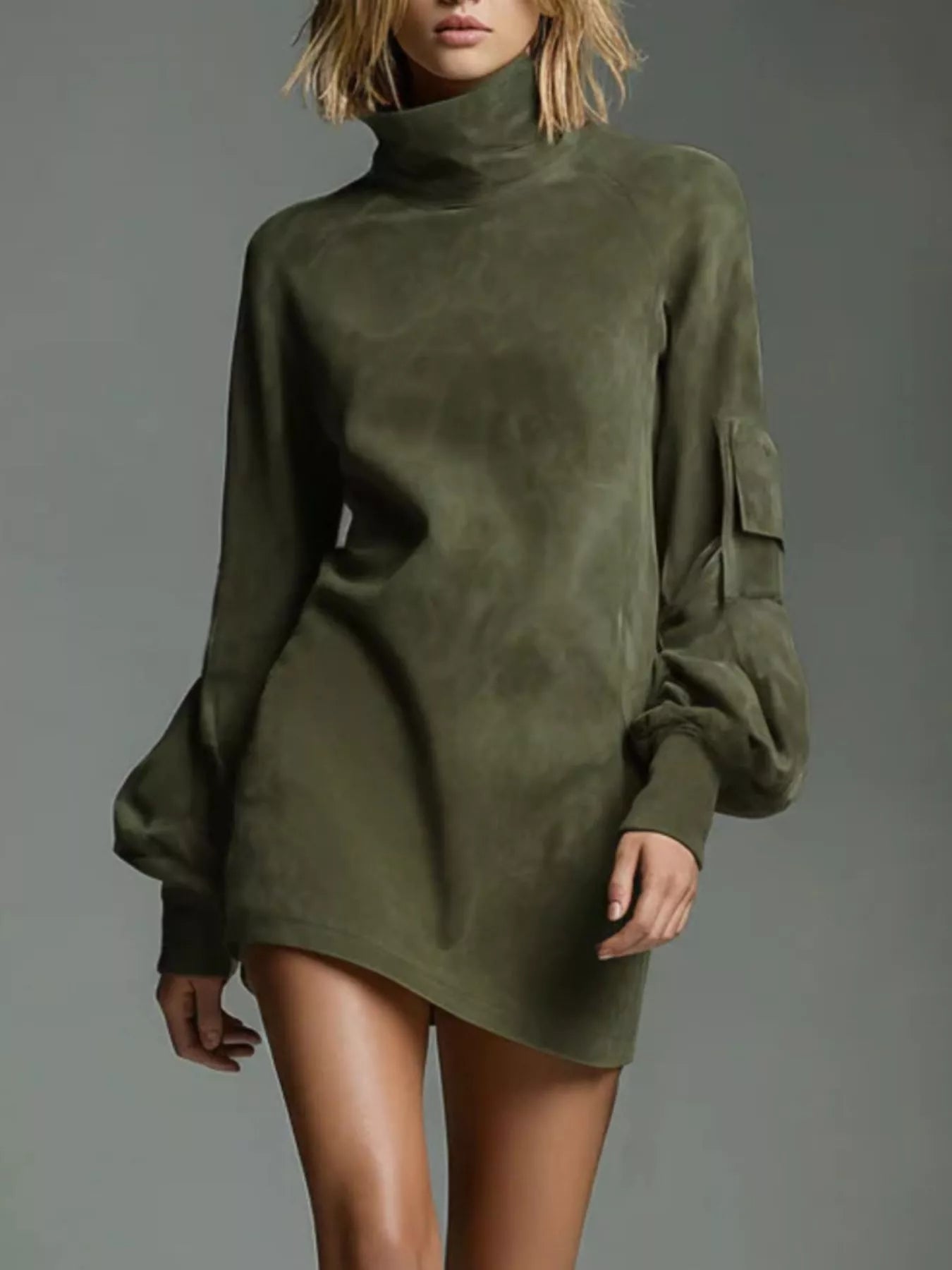 Sarah Express Women's Suede Turtleneck Lantern Sleeve Mini Dress Army Green