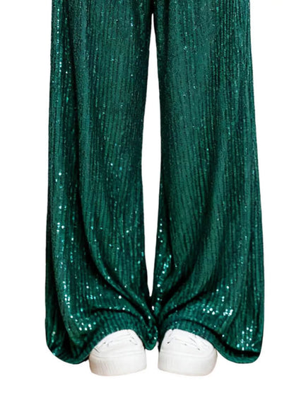 Sarah Express Women's Sequin Wide Leg Pants - High Waist Sparkle Palazzo Trousers