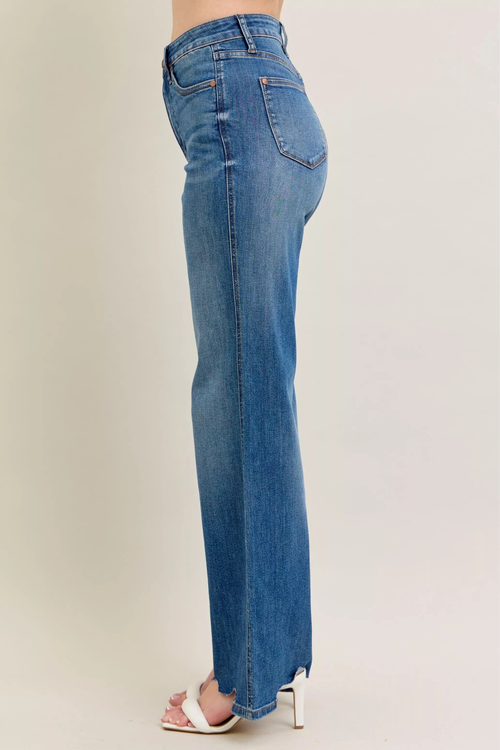 Sarah Express Women’s Plus Size High Rise Tummy Control Destroyed Wide Leg Jeans

