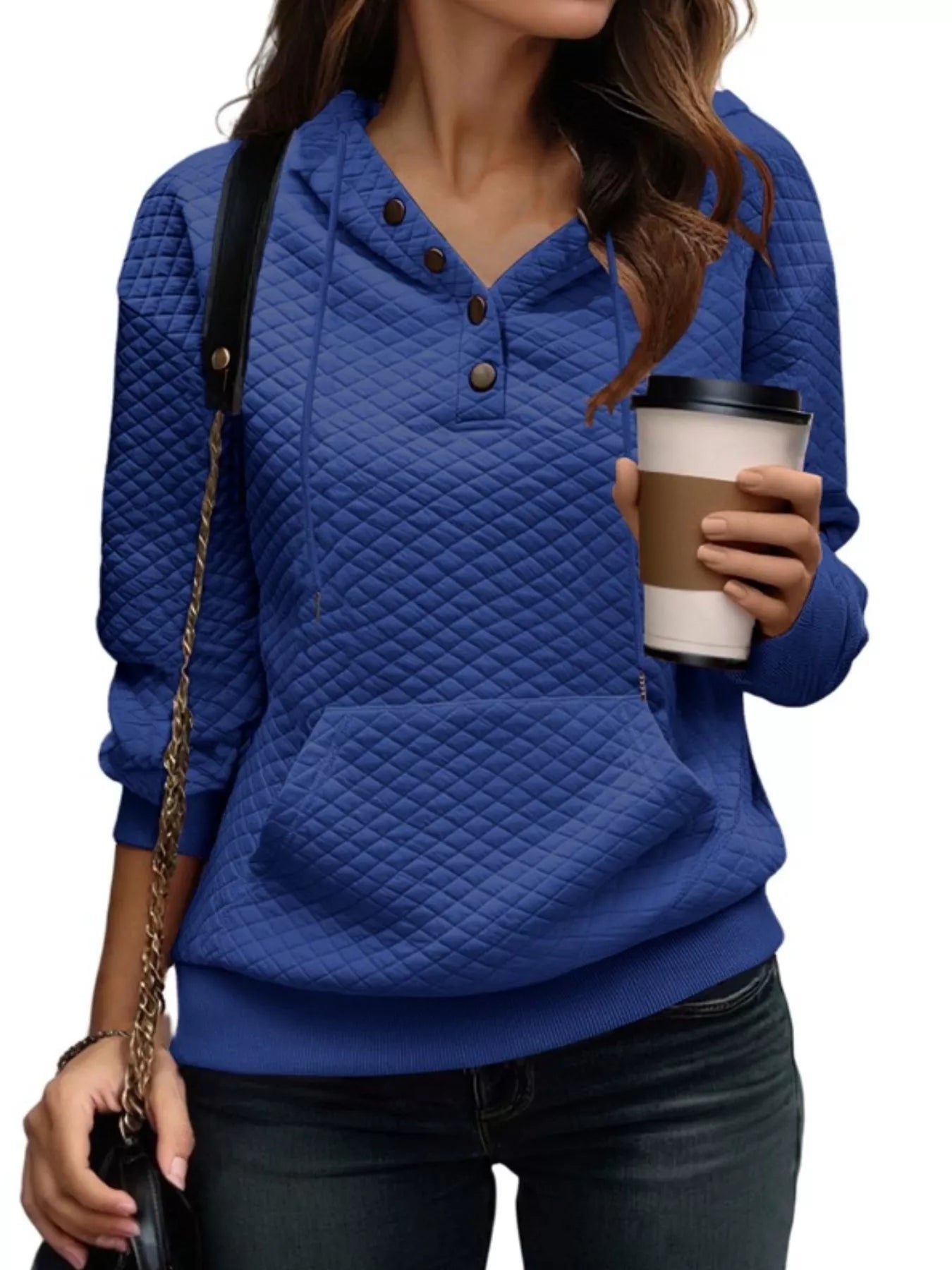 Sarah Express Women's Drawstring Textured Dropped Shoulder Hoodie Blue