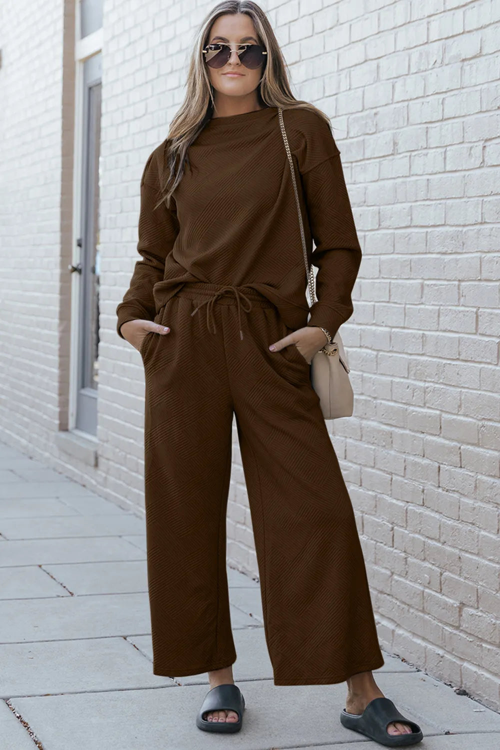 Sarah Express Women's Textured Long Sleeve Top and Drawstring Pants Set Brown