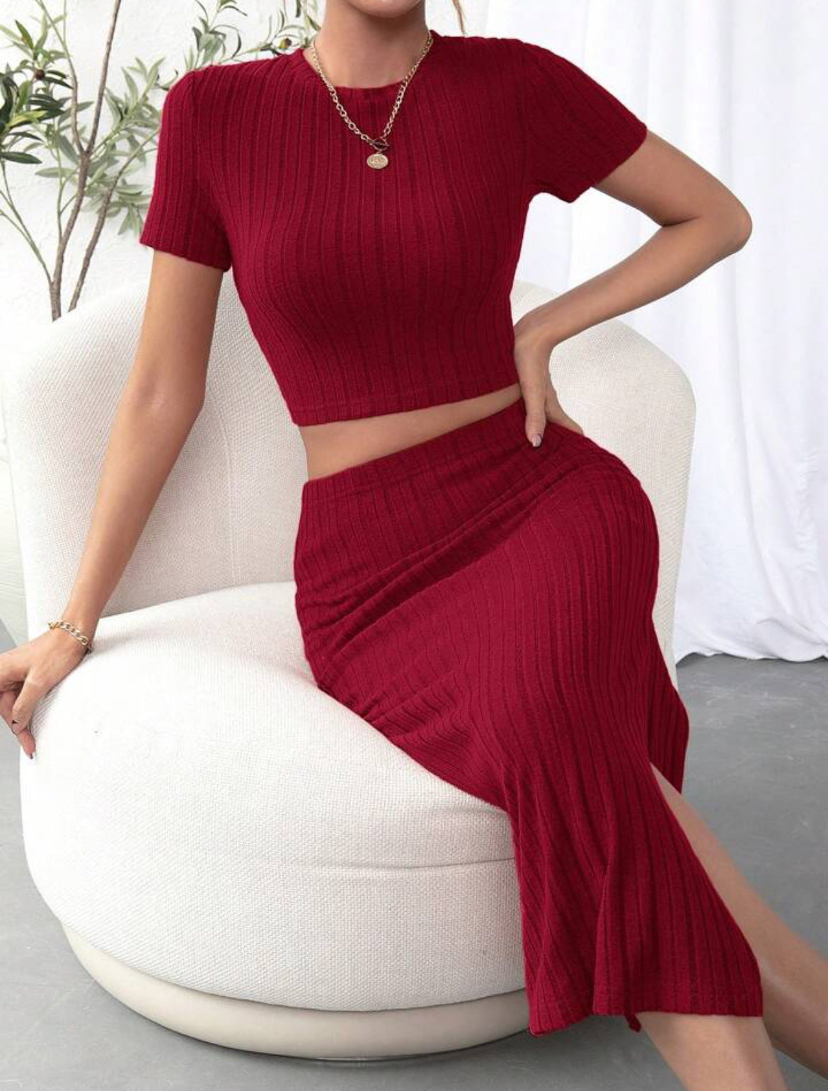 Sarah Express Women's Two-Piece Suit Set High Waist Midi Skirt Long Sleeve Top - Work Professional Classic