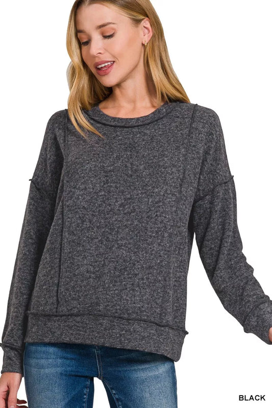 Sarah Express Women's Brushed Hacci Drop Shoulder Sweater BLACK