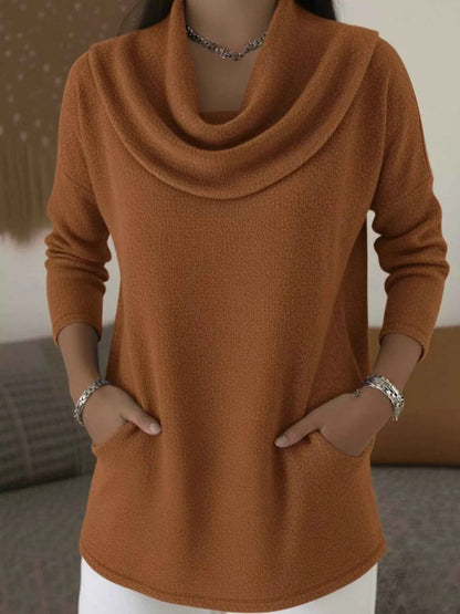 Sarah Express Women's Cowl Neck Long Sleeve Top - Plus Size Casual Tunic Blouse with Pockets Caramel