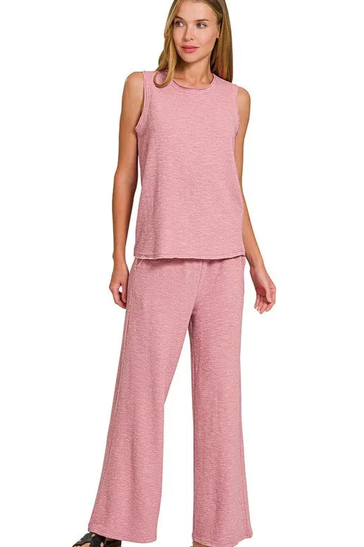 Sarah Express Women’s Cotton Slub Tank and Pants Lounge Set Casual
