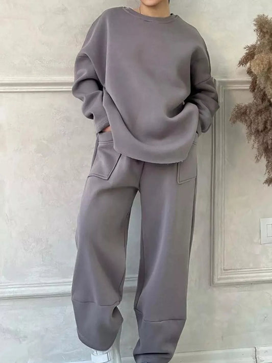 Sarah Express Women's Oversized Round Neck Top and Pants Set - Plus Size Loungewear Gray