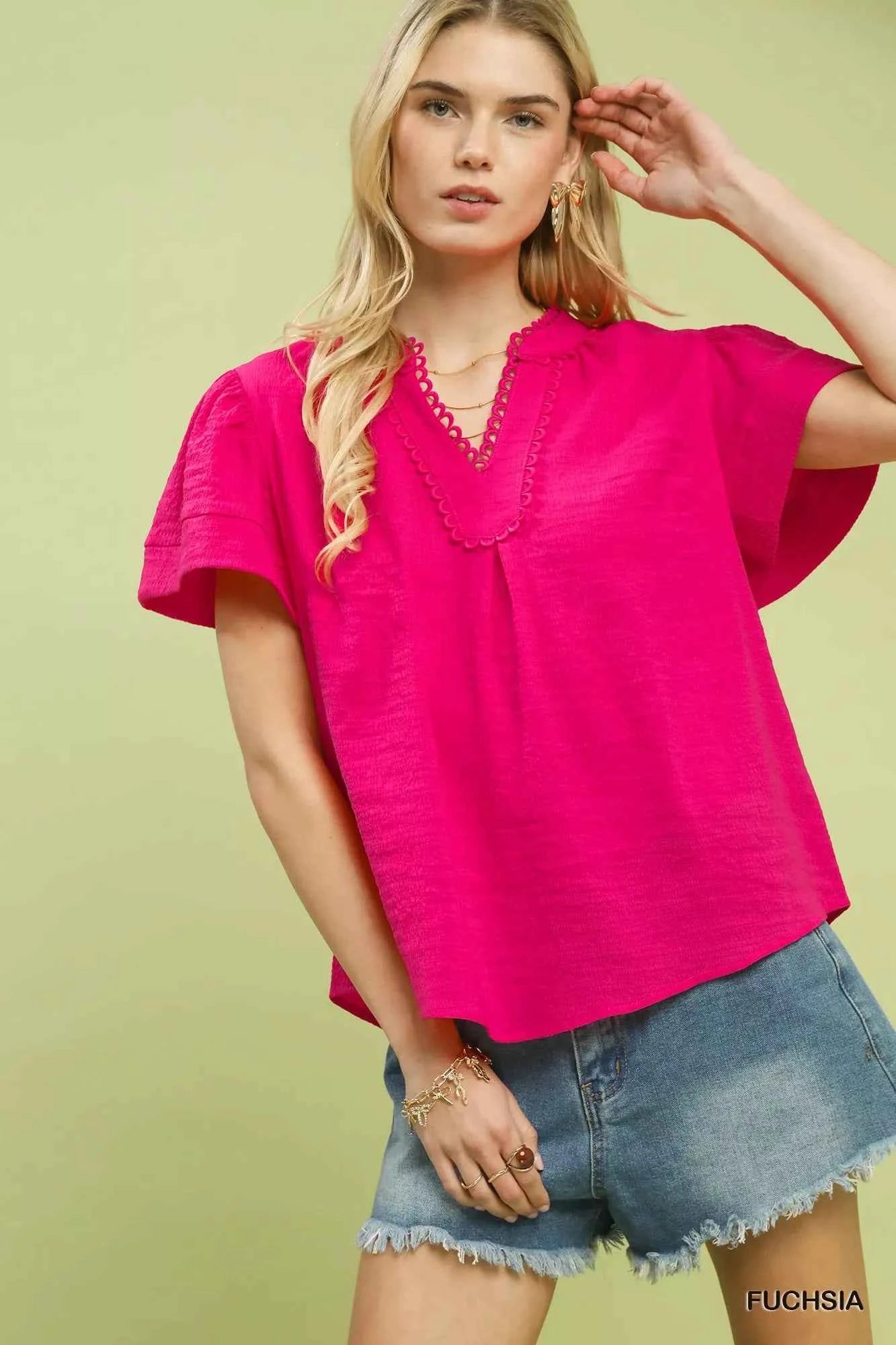 Sarah Express Women's Seersucker Lace Trim Top - Short Sleeve V-Neck Blouse FUCHSIA