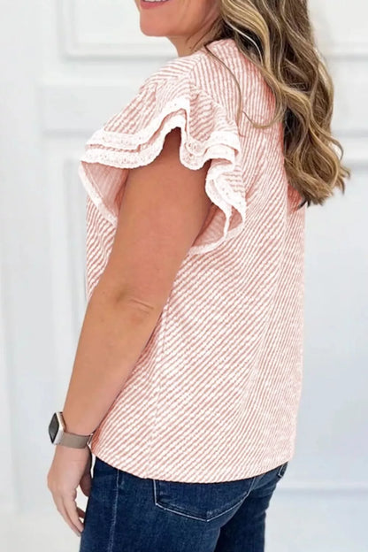 Sarah Express Women's Twilled Print Lace Trim Ruffled Short Sleeve Blouse