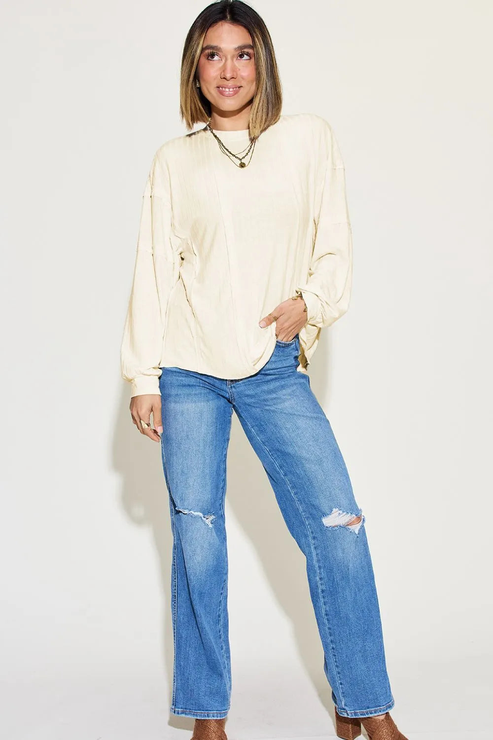 Sarah Express Women’s Plus Size Ribbed Long Sleeve T-Shirt with Exposed Seam
