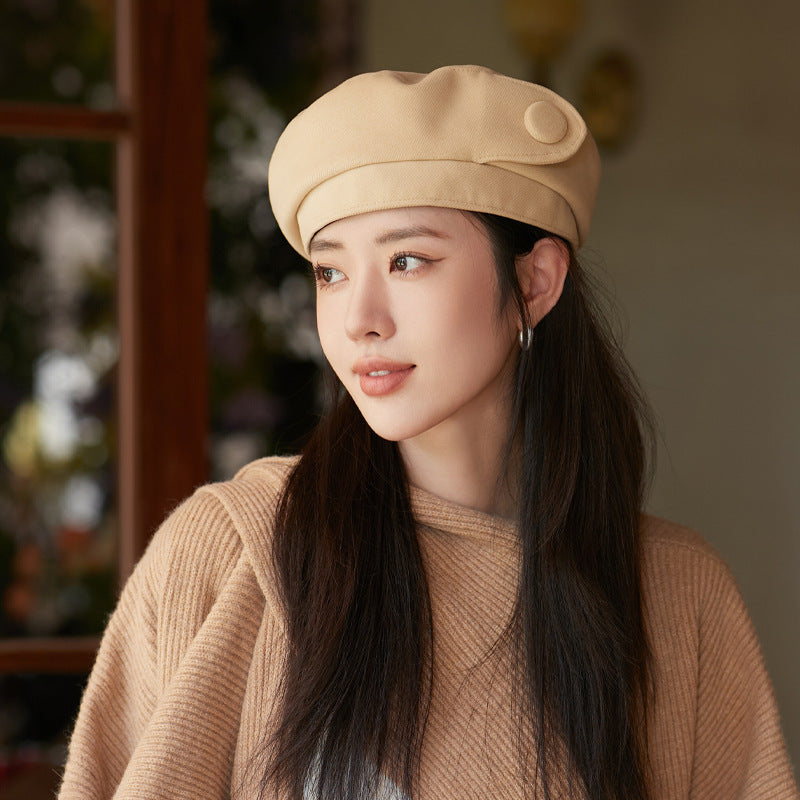 Sarah Express Button Detail Dome Crown Beret Hat Cotton Blend Classic Fall Winter Accessory