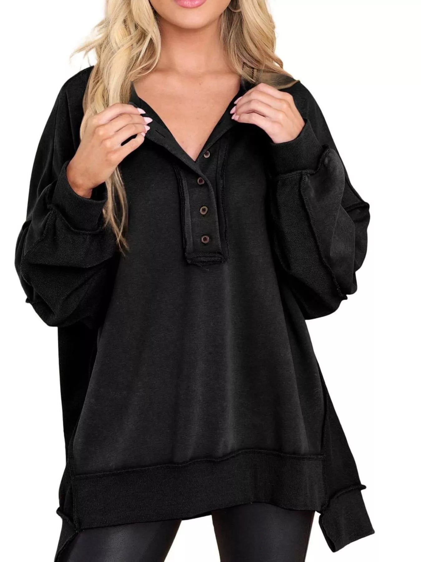 Sarah Express Women's Half Snap Long Sleeve Oversized Sweatshirt Black