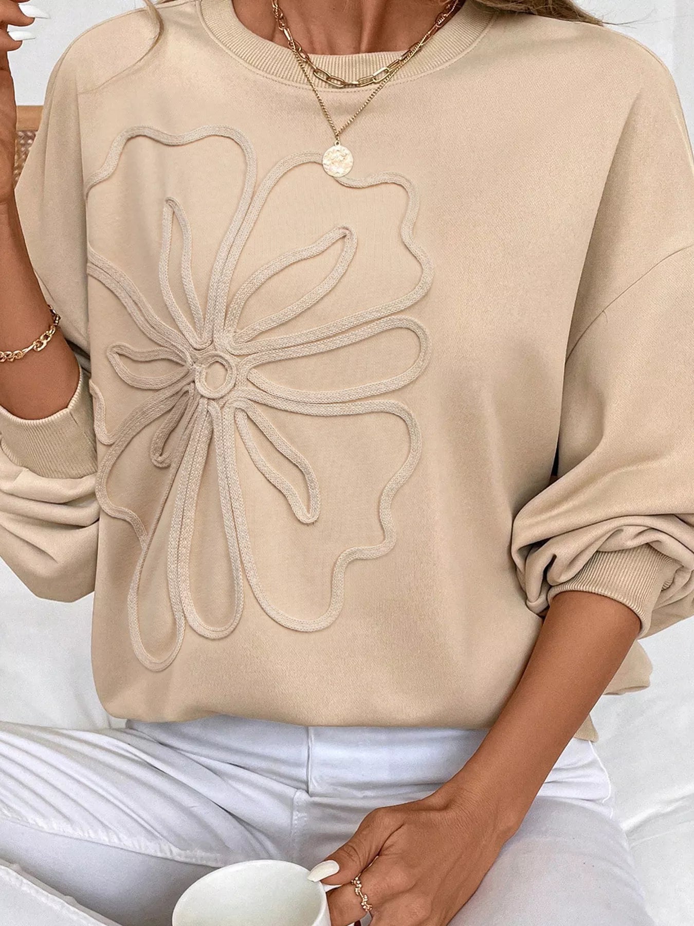 Sarah Express Women's Embroidered Floral Drop Shoulder Sweatshirt - Beige Crewneck Pullover Beige