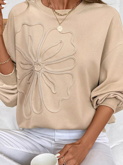Sarah Express Women's Embroidered Floral Drop Shoulder Sweatshirt - Beige Crewneck Pullover Beige