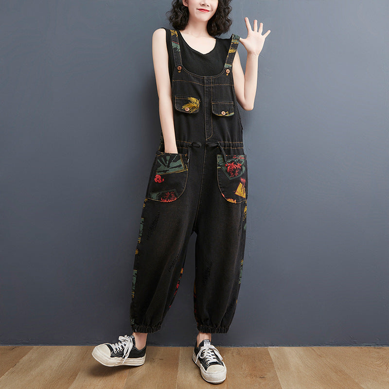 Sarah Express Floral Print Denim Overalls Plus Size Suspender Jeans Cropped