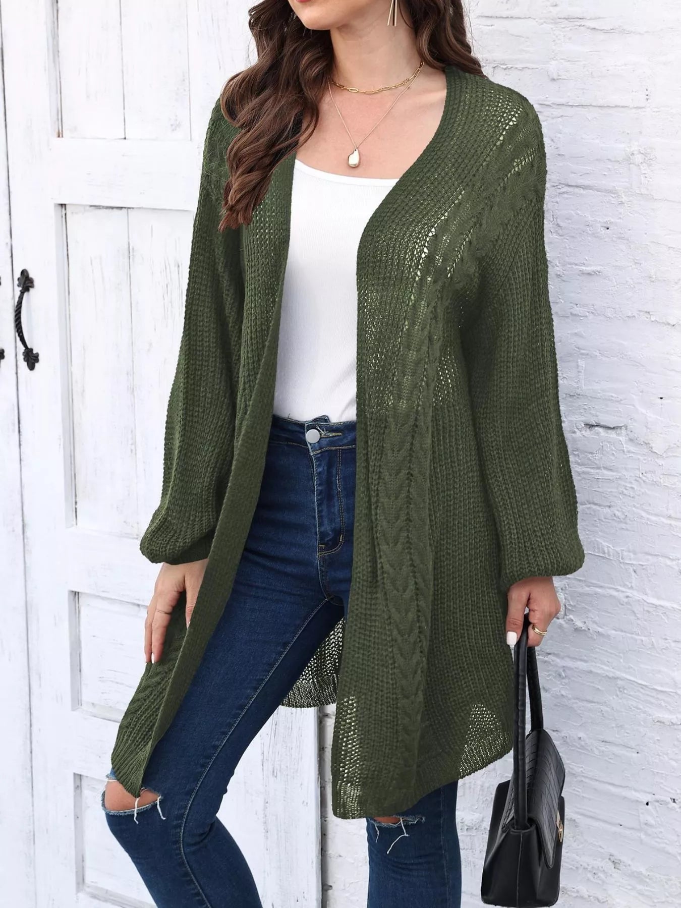 Sarah Express Women's Open Front Long Sleeve Cable-Knit Cardigan Army Green One Size