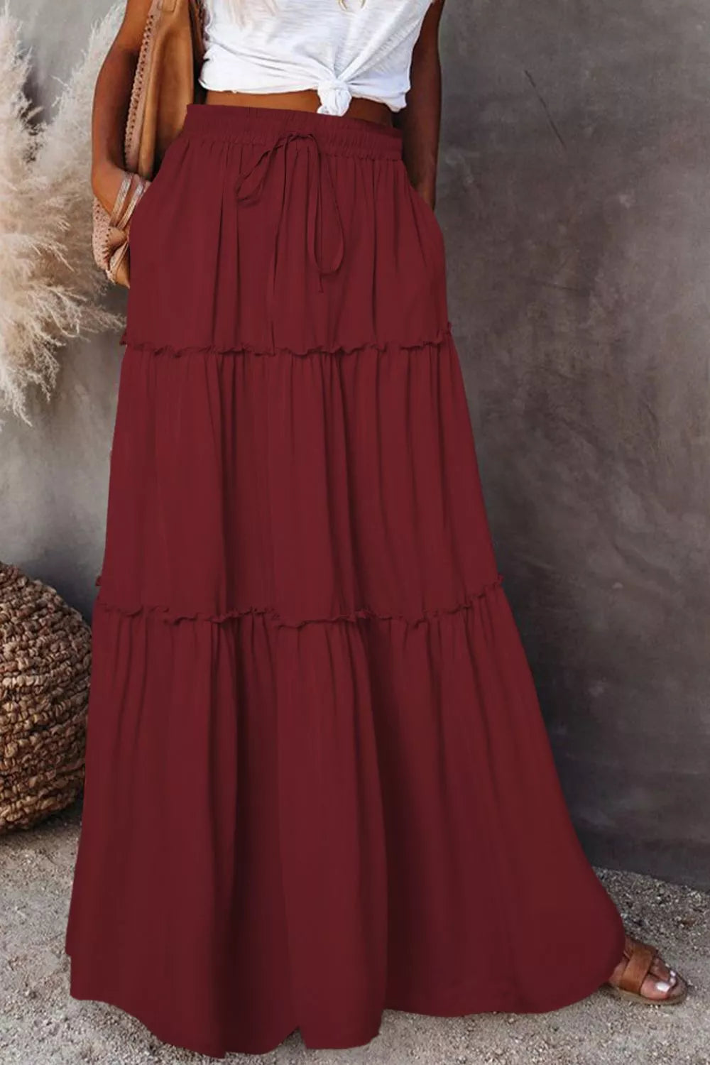 Sarah Express Women's Frill Tiered Drawstring Waist Maxi Skirt Burgundy