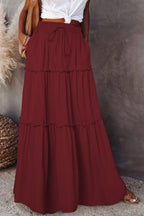 Sarah Express Women's Frill Tiered Drawstring Waist Maxi Skirt Burgundy