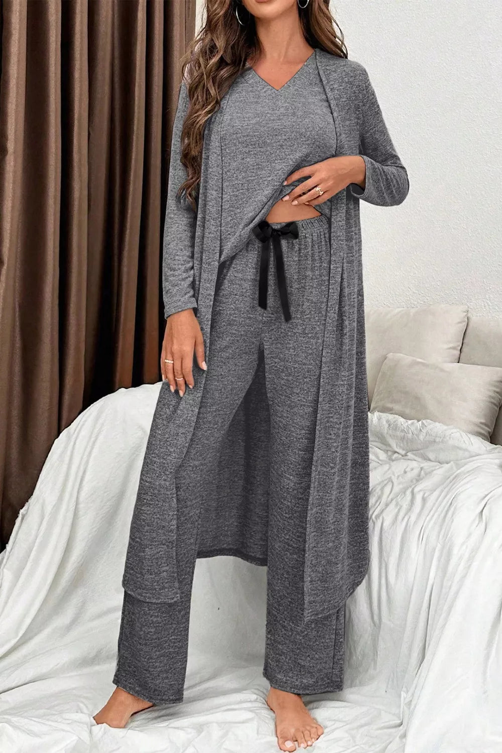 Sarah Express Women's V Neck T-Shirt and Ribbon Knot Pants Lounge Set with Open Duster Dark Gray