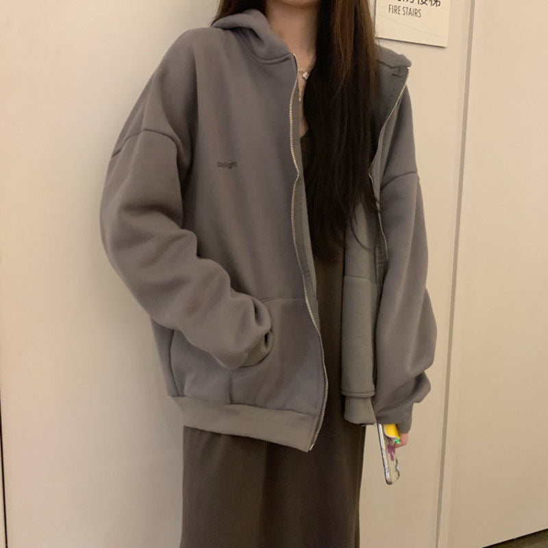 Sarah Express Women's Loose Fit Zipper Hoodie Long Sleeve Pockets Polyester Sweatshirt Casual Fall Winter
