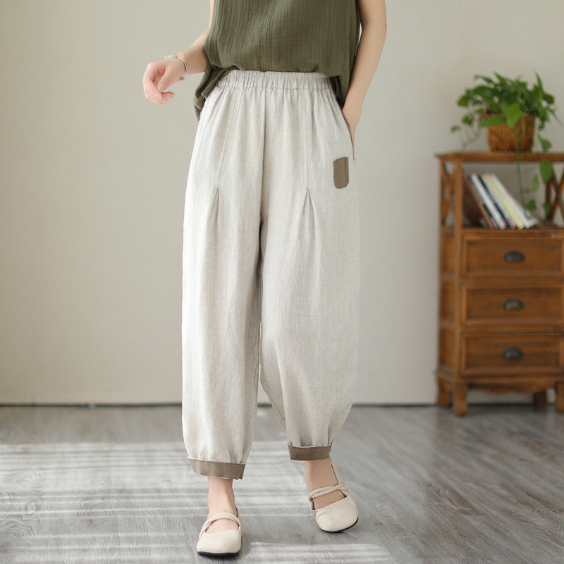 Sarah Express Women's High Waist Cropped Pants Loose Fit Cotton Linen - Casual Plus Size Ankle Length