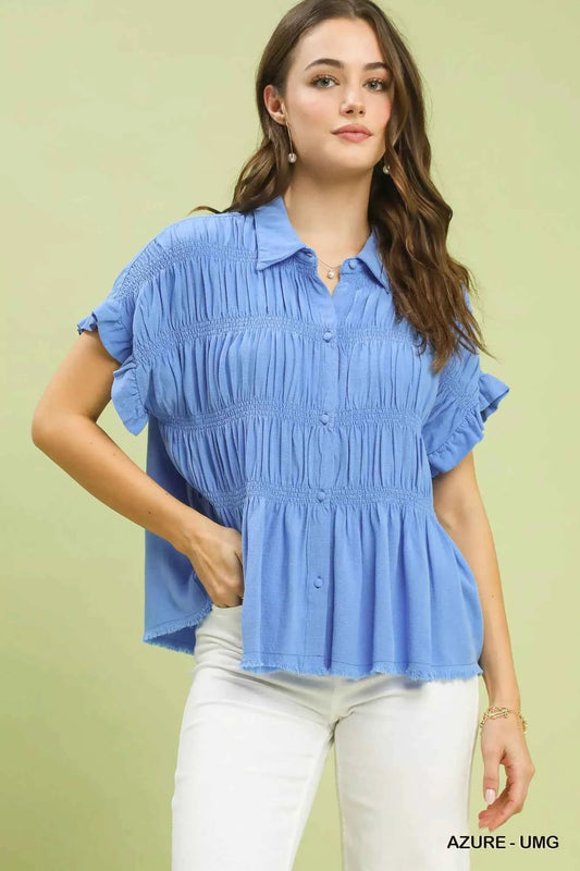 Sarah Express Women's Washed Linen Blend Smocked Button-Down Shirt AZURE-UMG