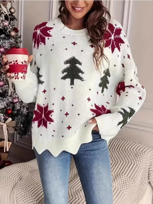 Sarah Express Women's Christmas Tree Pattern Round Neck Sweater Gray white