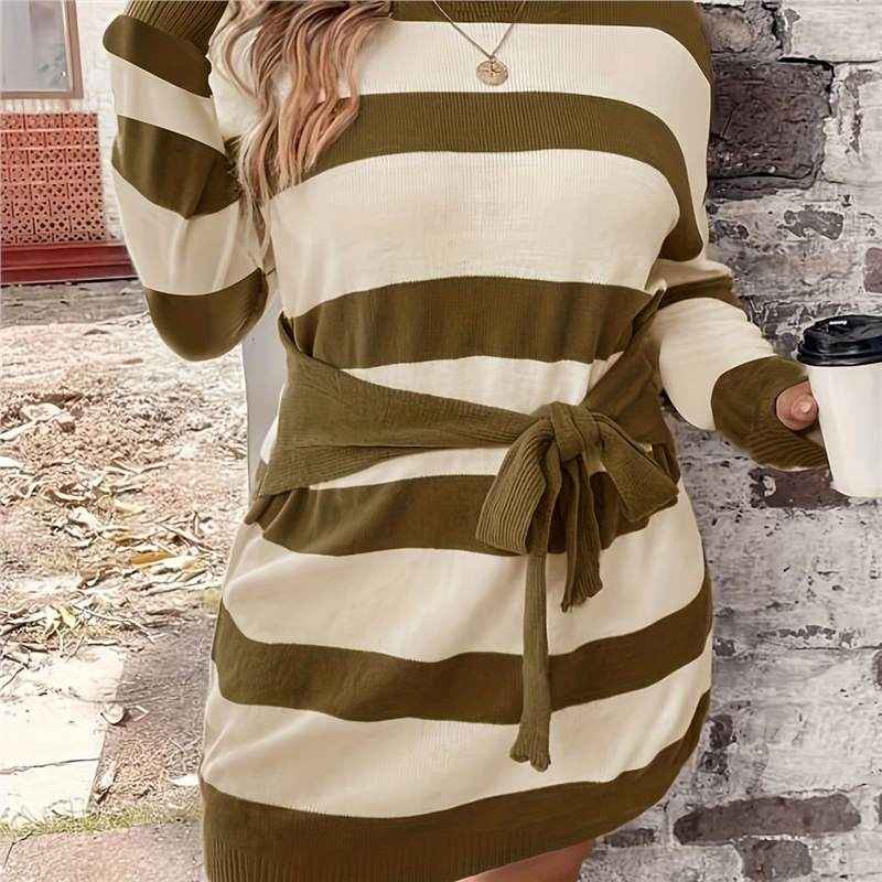 Sarah Express Women's Plus Size Striped Knit Midi Dress - Long Sleeve Casual Sweater Dress