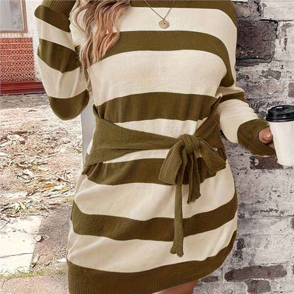 Sarah Express Women's Plus Size Striped Knit Midi Dress - Long Sleeve Casual Sweater Dress