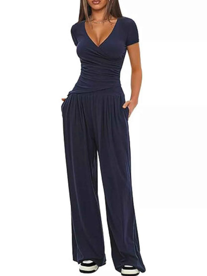 Sarah Express Women's Surplice Short Sleeve Top and Pants Set - Two Piece Outfit