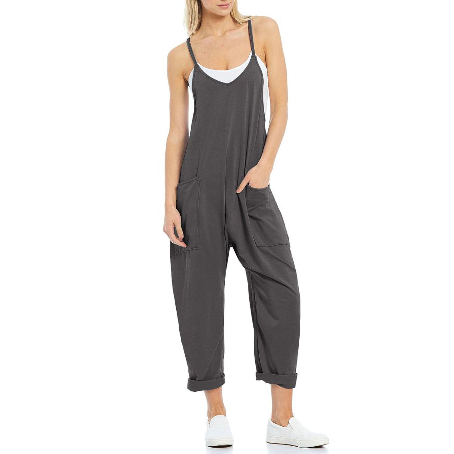 Sarah Express Women's Knitted Spaghetti Strap Jumpsuit - Loose Fit Wide Leg Overalls with Pockets