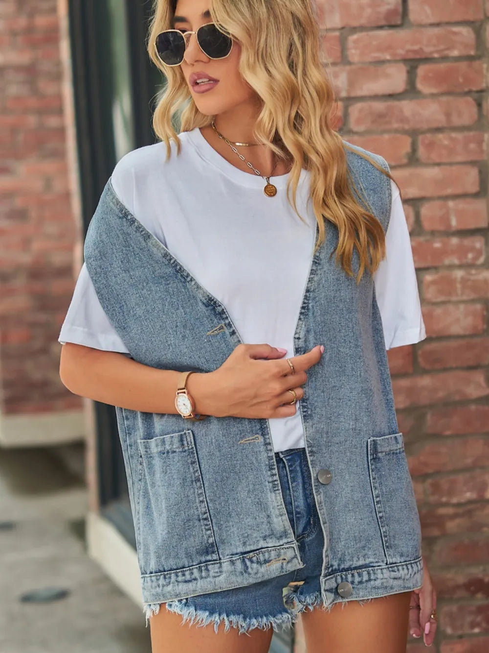 Sarah Express Women's V-Neck Button Up Denim Vest Light
