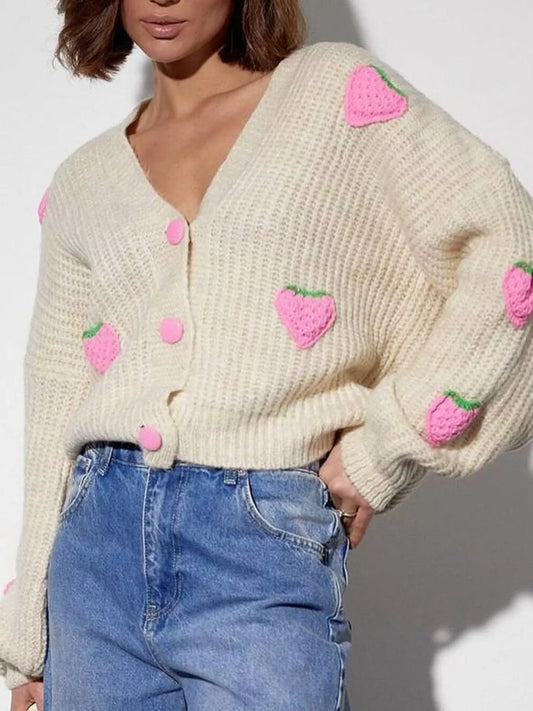 Sarah Express Women's Strawberry Button Down Cardigan Beige